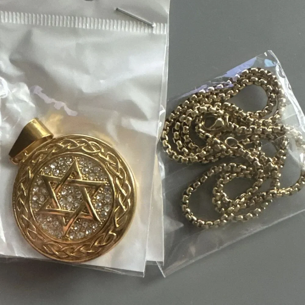 Stainless Steel Jewish Star of David 24” Chain Gold Cubic Zirconia Israel Faith